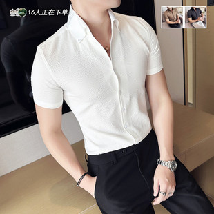 冰丝薄款潮流泡泡华夫格V领衬衫男短袖2026夏季新款帅气立领衬衣
