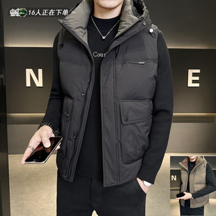 鸭绒羽绒服男款纯色潮牌连帽马甲秋冬季美式休闲男士保暖背心外套