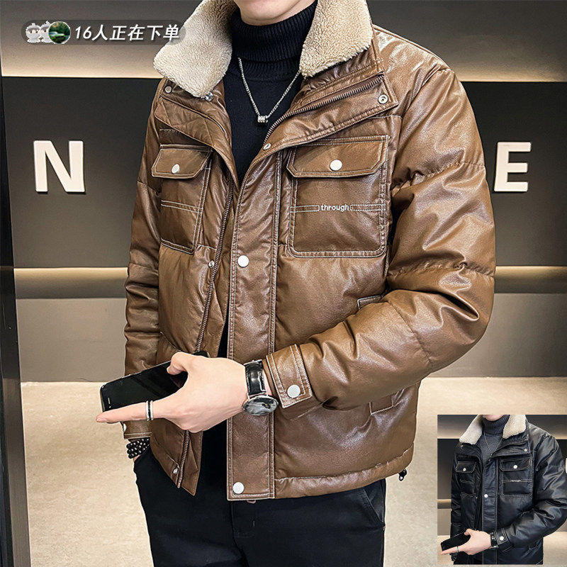 高端白鸭绒皮羽绒服男冬季潮牌2025新款休闲短款男士加厚翻领外套,男装,羽绒服,淘宝优惠券,粉丝福利购,淘宝优惠卷