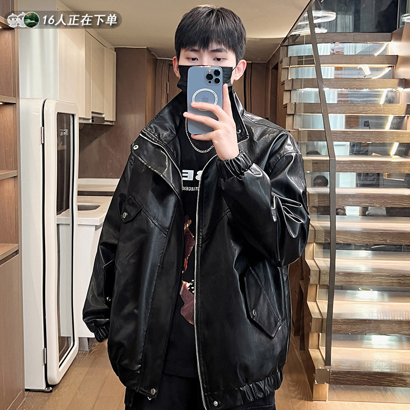 宽松机车服高级感痞帅复古PU皮