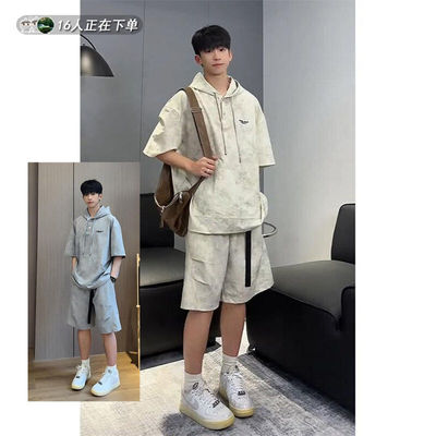 扎染连帽短袖短裤运动套装男生酷
