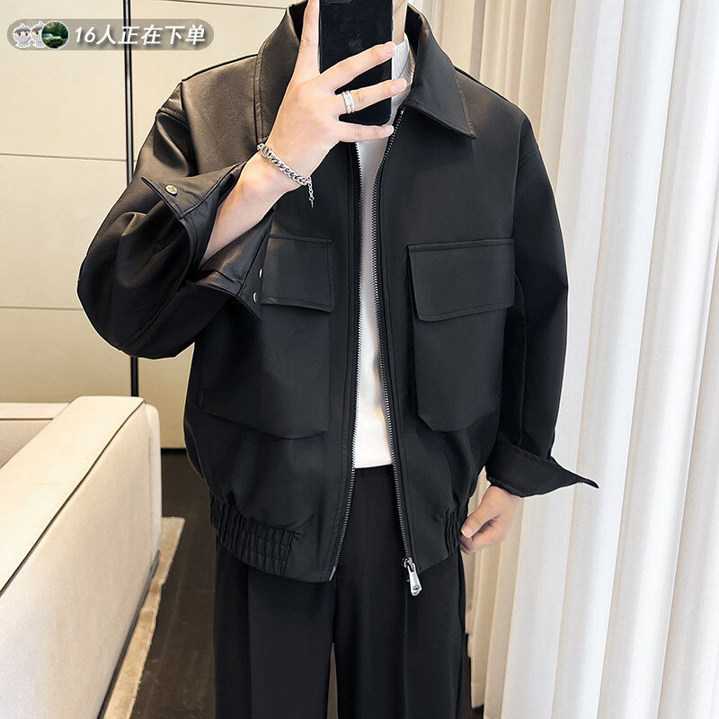 男式高端夹克外套春秋季2025新款美式工装大口袋皮衣宽松机车服装