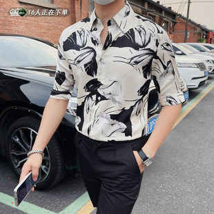 雅痞风黑色收腰冰丝花衬衫男夏季薄款高级感痞帅男士修身长袖衬衣