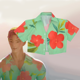 绿色花卉印花短袖衬衫男女宽松abby短袖衬衣恶魔男团cos服