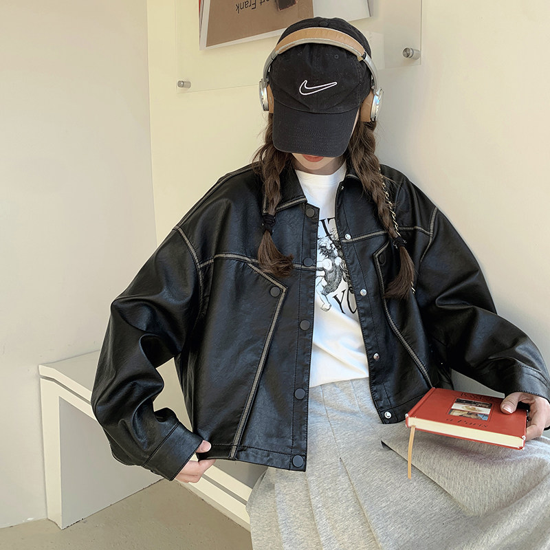 高级感好看黑色小皮衣外套女2025年秋季新款美式复古休闲夹克上衣,女装皮衣,艾青服饰
