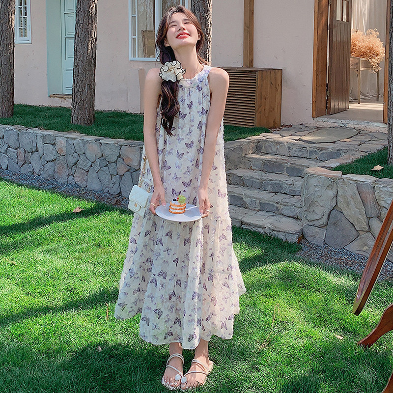 新款现货仙女招财小蝴蝶挂脖连衣裙1652425P105K158，女装连衣裙，艾青服饰