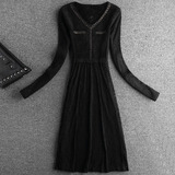 蕾丝连衣裙女2021秋冬装新款气质淑女v领收腰显瘦内搭裙843，女装连衣裙，艾青服饰