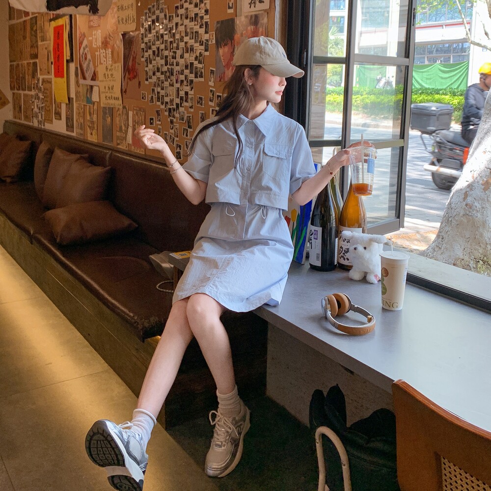 夏季现货工装风假两件连衣裙1652629P145K208,女装连衣裙,艾青服饰
