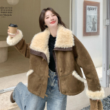 现货羊羔毛毛领PU皮外套加绒保暖棉服潮153FF44P210K298，女装短外套，艾青服饰