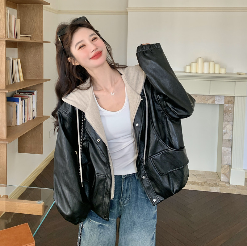 2026新款现货韩版宽松连帽假两件皮衣外套1535217P165K268,女装皮衣,艾青服饰