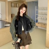 2026新款现货韩版牛仔拼接宽松皮衣外套1535212P170K278，女装皮衣，艾青服饰