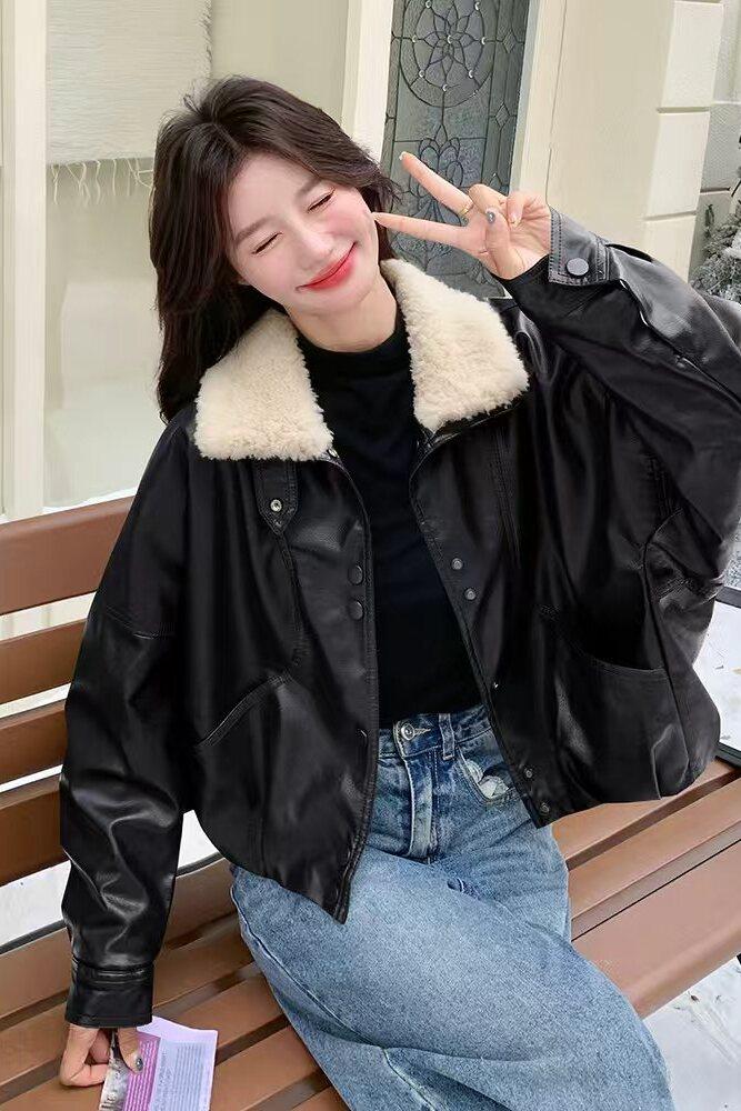 现货加绒秋冬新款宽松皮衣外套6651加绒加毛领175K278,女装皮衣,艾青服饰