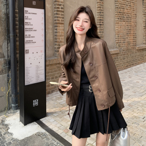 美拉德复古棕色pu皮衣外套女春秋2025新款小个子高级感机车皮夹克图片