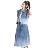 蓝色时尚薄款渐变无袖上衣套装裙女夏新款设计感显瘦半身裙两件套，女装套装/套裙，艾青服饰