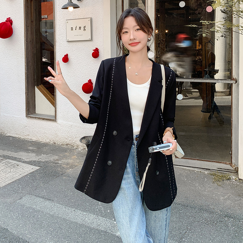 黑色轻熟风时尚气质职业西服女春秋新款小个子休闲显瘦小西装外套,女装皮衣,艾青服饰