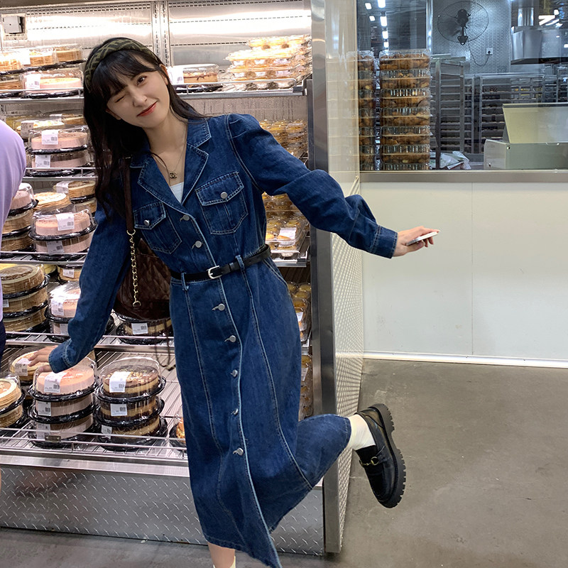 现货气质修身长款秋装牛仔连衣裙290A536P130控188,女装连衣裙,艾青服饰