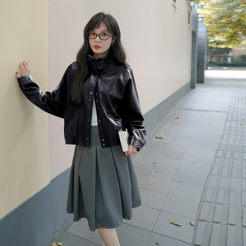 现货加绒秋冬新款宽松皮衣外套1536612薄145K198绒165K238,女装皮衣,艾青服饰