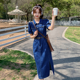 显瘦牛仔连衣裙女夏季新款时尚气质牛仔裙修身收腰牛仔衬衫裙长裙，女装连衣裙，艾青服饰