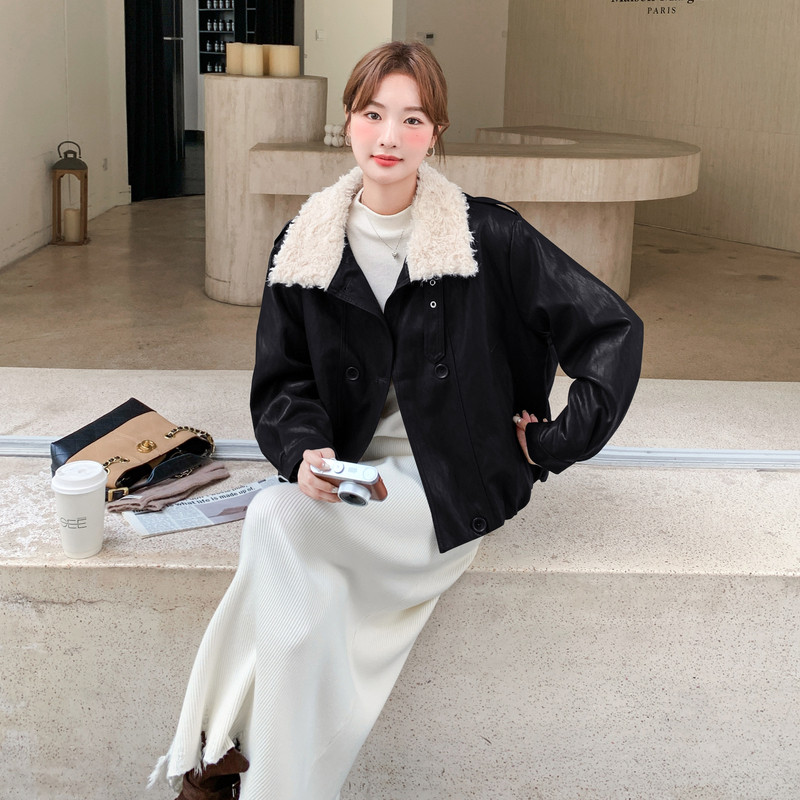 现货2025秋冬新款宽松皮衣外套1536608P145K198加绒175K248,女装皮衣,艾青服饰