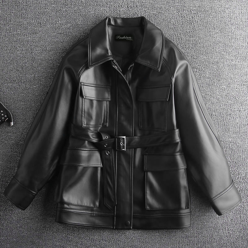 工装皮衣外套女机车服宽松PU皮上487 21P125绒140薄控198绒控218图片