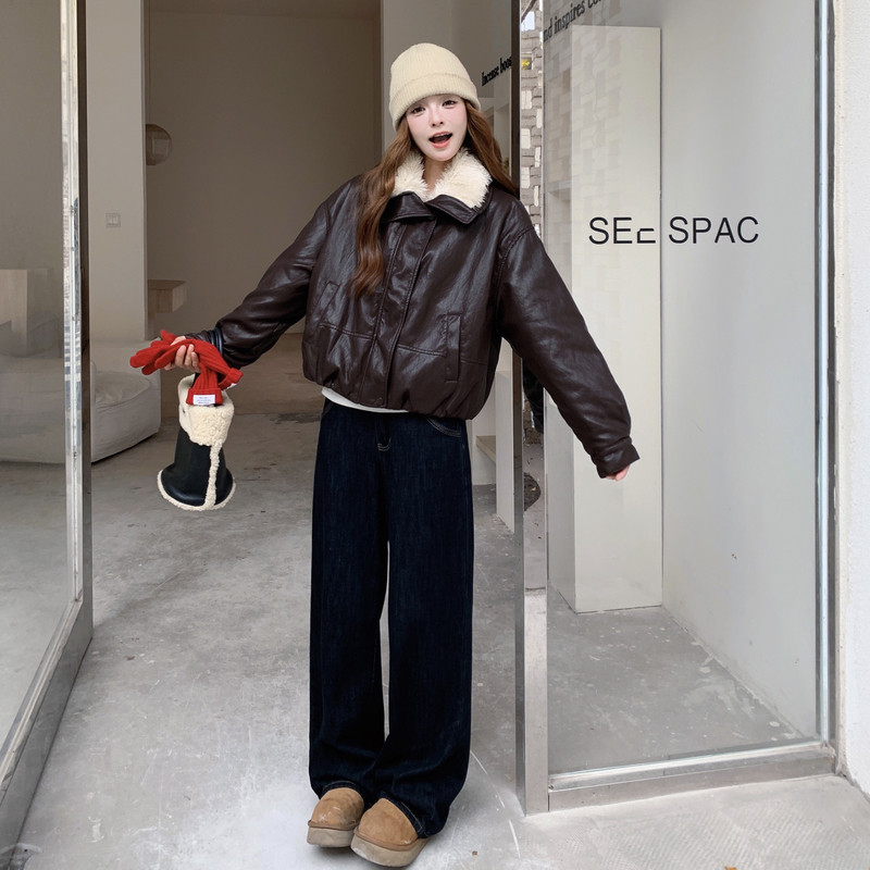 新款现货羊羔毛毛领PU皮外套加绒保暖棉服潮1536642P165K238,女装皮衣,艾青服饰