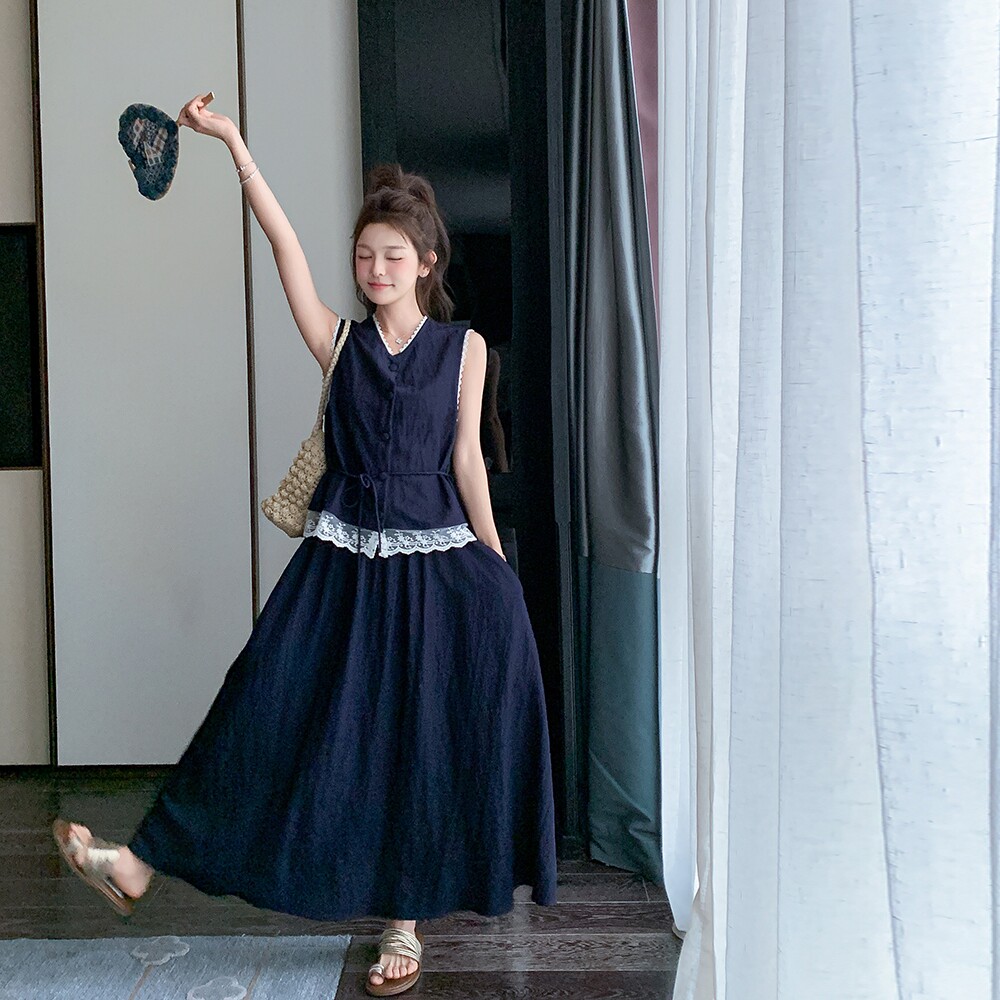 夏季新款现货蕾丝拼接无袖收腰两件套天丝套装1652622P155K218，女装套装/套裙，艾青服饰