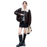 新款现货羊羔毛毛领PU皮外套加绒保暖棉服潮1536641P165K238，女装皮衣，艾青服饰