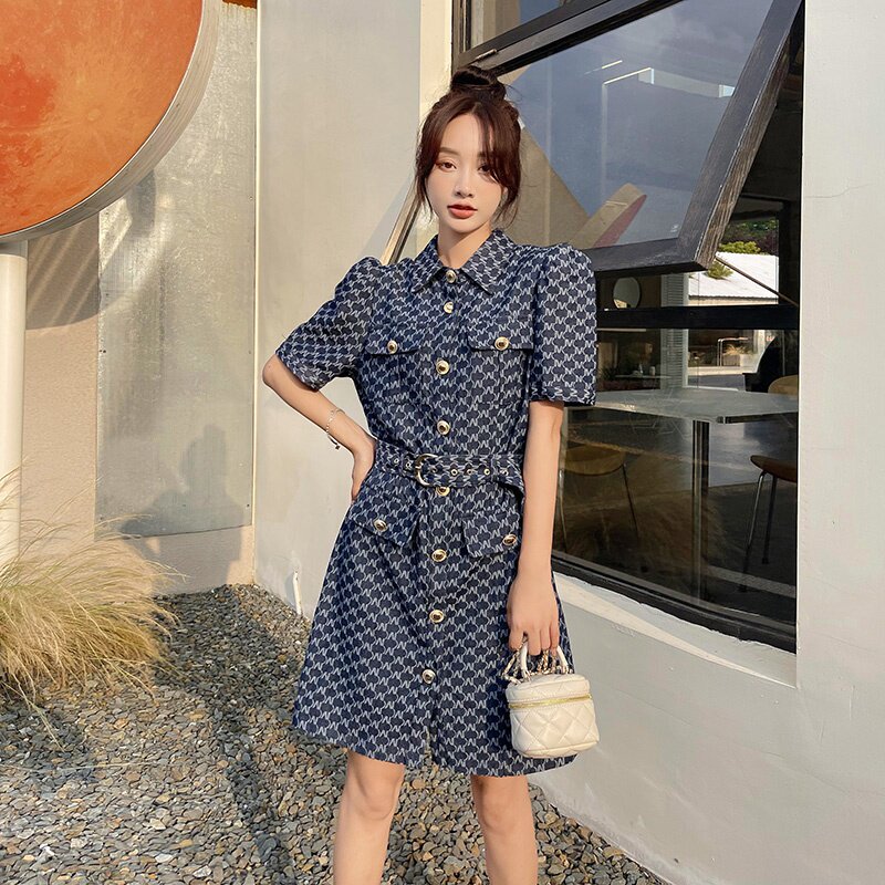 现货主推工艺牛仔字母提花连衣裙小香风2292P100控148，女装连衣裙，艾青服饰