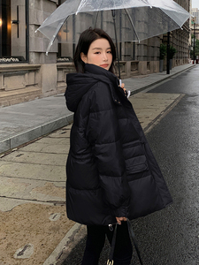 现货 标50绒 羽绒服加厚中长款纯色长袖连帽290 22702P235控398图片
