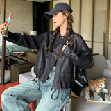 秋季新款现货双色皮抽绳复古宽松皮衣外套1532456P135K198，女装皮衣，艾青服饰