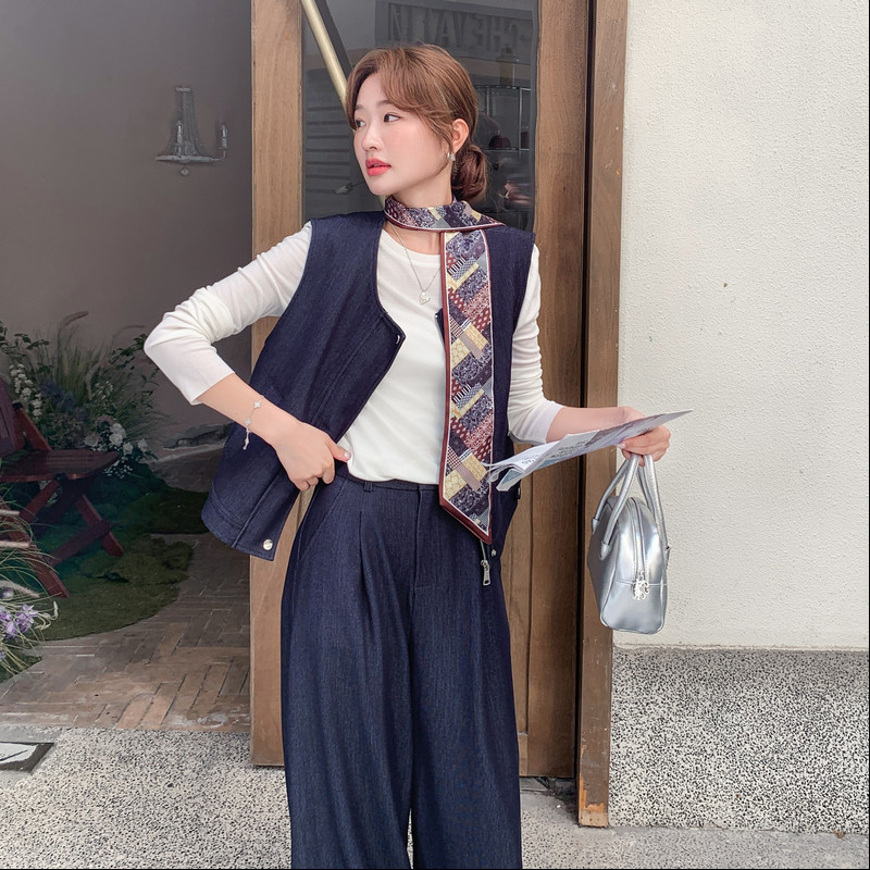 韩系chic别致高级感休闲套装女秋季新款气质穿搭马甲阔腿裤两件套,女装套装/套裙,艾青服饰
