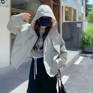 浅灰色韩系抽绳连帽工装短外套女2025秋季设计感减龄宽松休闲外套图片