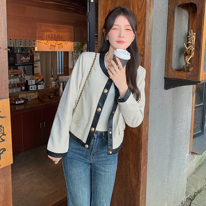 现货秋季新款拼色短款皮衣外套1532463P130K188,女装皮衣,艾青服饰