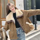 现货羊羔毛毛领PU皮外套加绒保暖棉服潮153FF44P210K298，女装短外套，艾青服饰