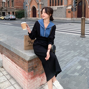 黑色卫衣海军领拼接牛仔连衣裙女2023春季新款学院风宽松百搭长裙图片