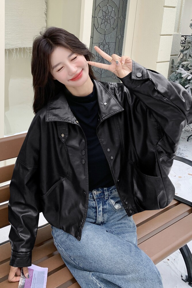 现货加绒秋冬新款宽松皮衣外套6646薄145加绒165K258,女装皮衣,艾青服饰