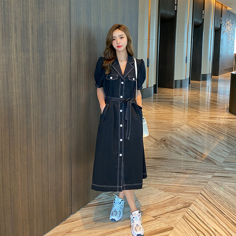 现货新款西装领撞色连衣裙153160P95控138，女装连衣裙，艾青服饰