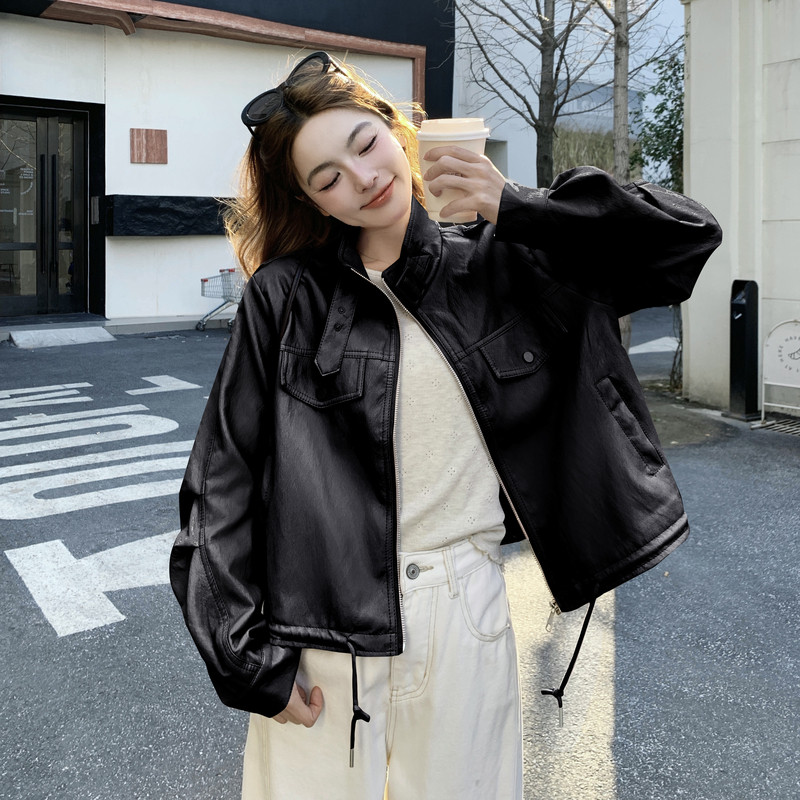 2026新款现货韩版抽绳立领皮衣外套1535211P150K248，女装皮衣，艾青服饰