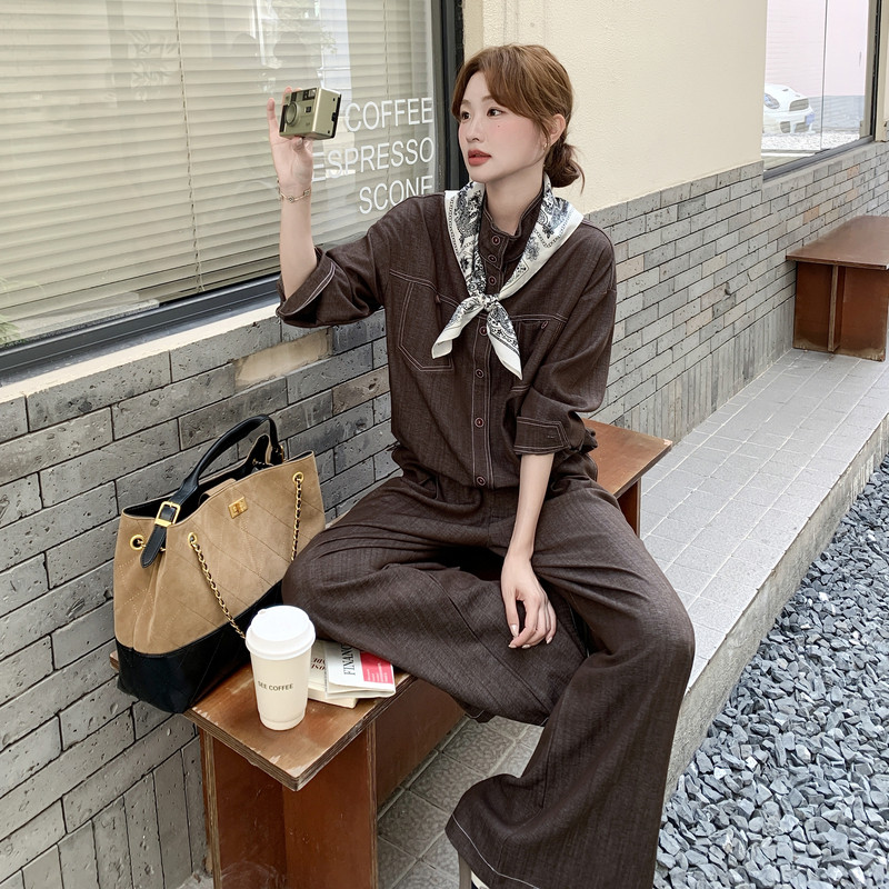现货 送丝巾 仿天丝牛仔韩系棕色高腰阔腿裤两件套女6627P165K238图片