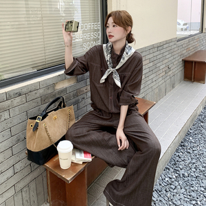 现货 送丝巾 仿天丝牛仔韩系棕色高腰阔腿裤两件套女6627P165K238图片