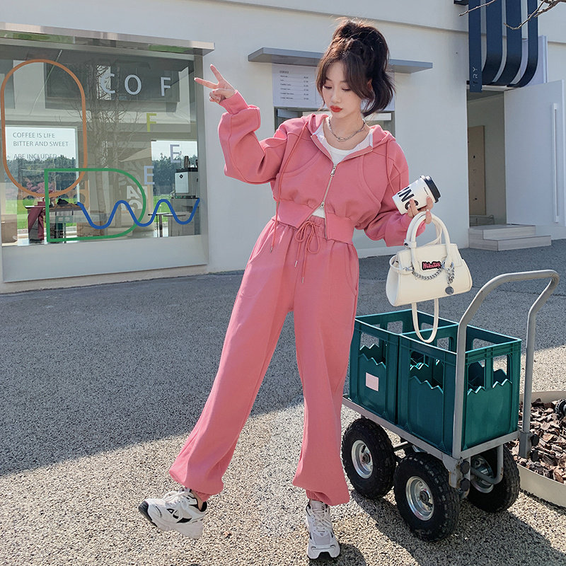 高级松弛感穿搭粉色连帽卫衣套装女春秋2025新款超火休闲裤两件套,女装套装/套裙,艾青服饰