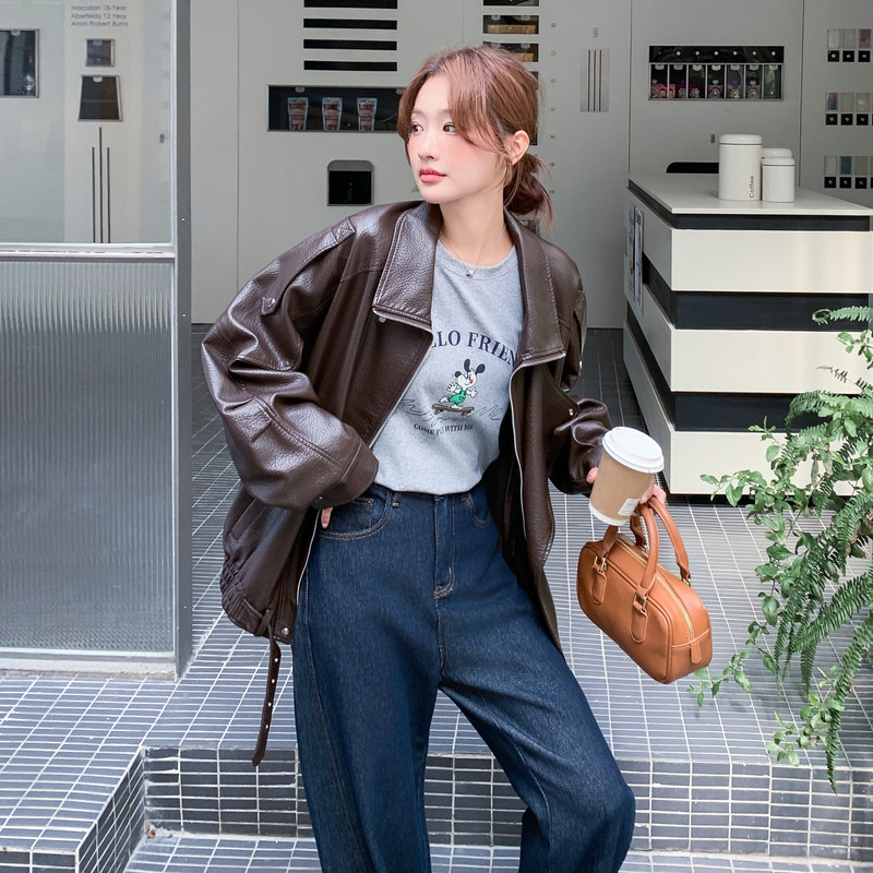 【】现货2026秋新款荔枝纹宽松皮衣外套1536605P175K258,女装皮衣,艾青服饰