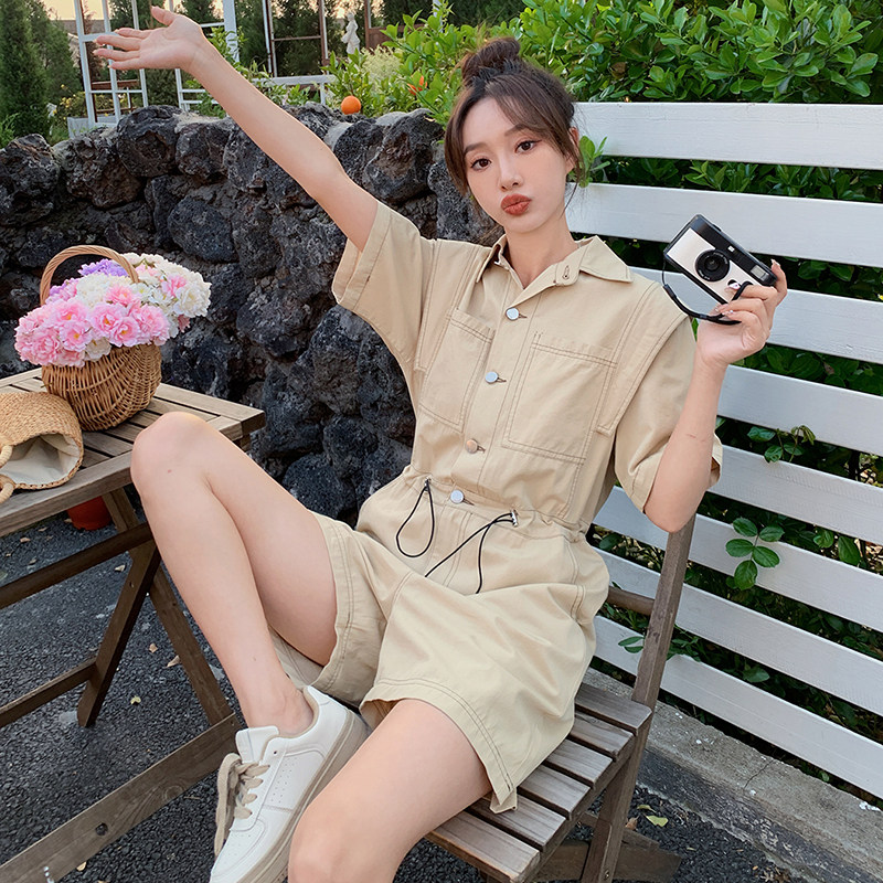 现货时尚短袖连身裤纯色工装套装连衣裤短裤1652922P105控168，女装连体裤，艾青服饰