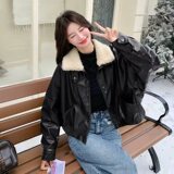 现货加绒毛领可拆卸冬新款宽松皮衣外套6651P175K278，女装皮衣，艾青服饰