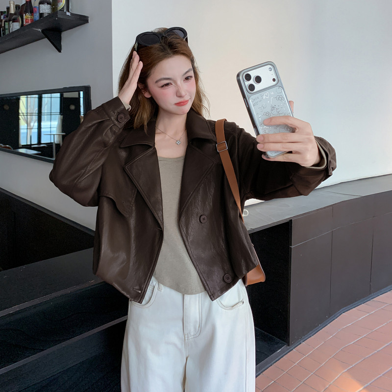 2026新款现货韩版宽松皮衣外套1535214P155K248，女装皮衣，艾青服饰