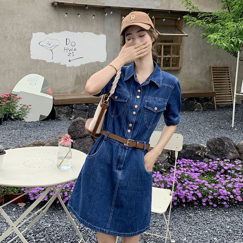 现货主推复古牛仔连衣裙夏设计感小个子裙子1658282P110控68，女装连衣裙，艾青服饰