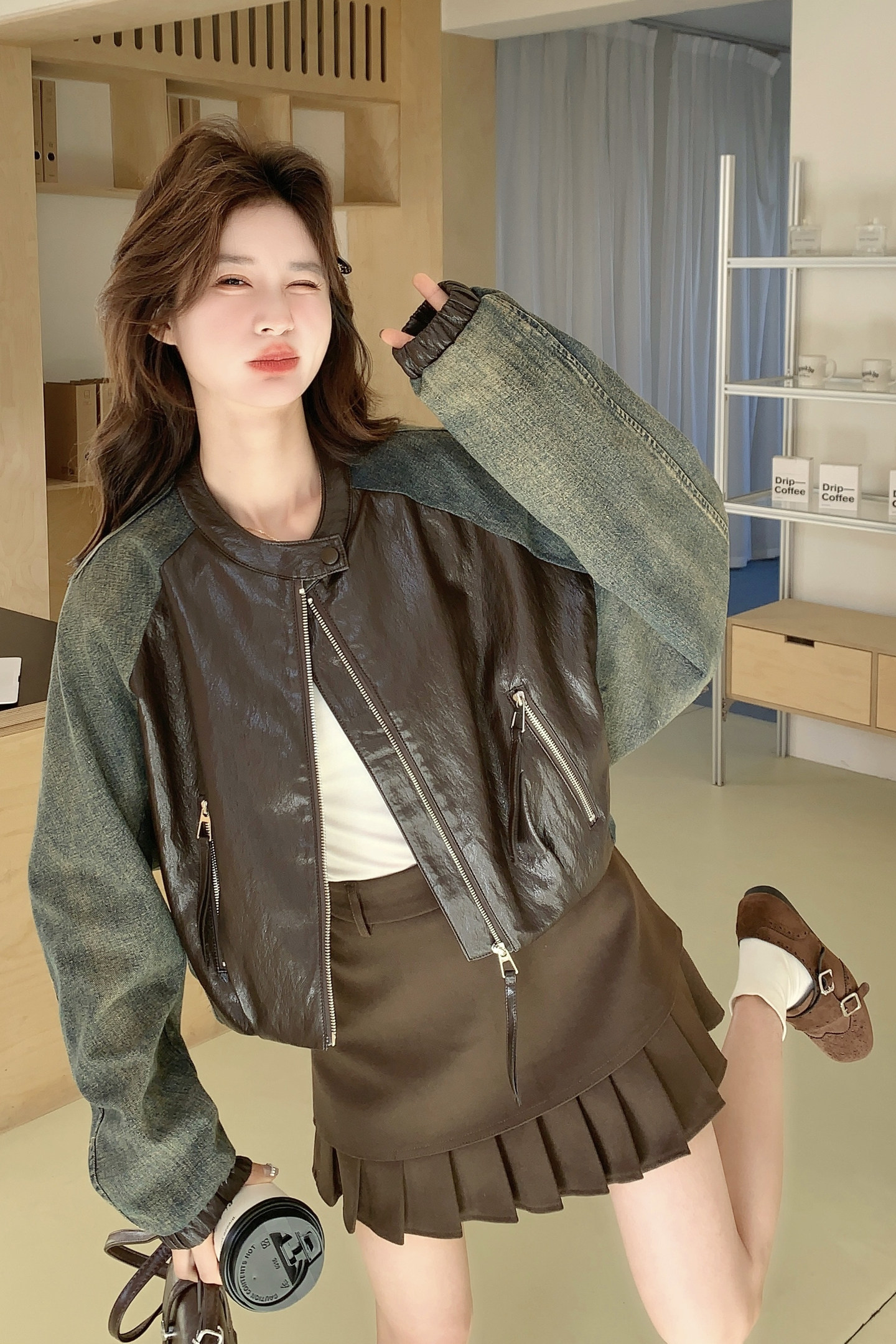 2026新款现货韩版牛仔拼接宽松皮衣外套1535212P170K278,女装皮衣,艾青服饰