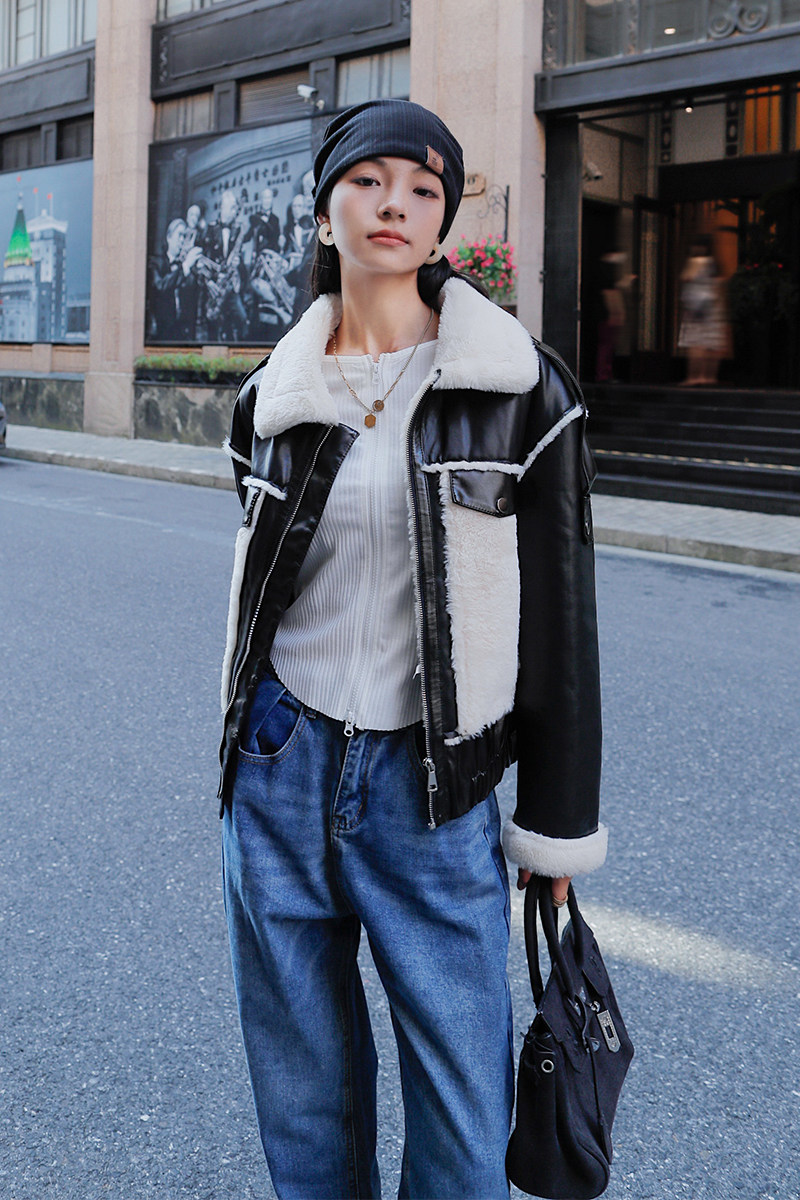 现货冬装皮毛一体羊羔毛机车服PU水洗皮外套290228P145控218,女装短外套,艾青服饰