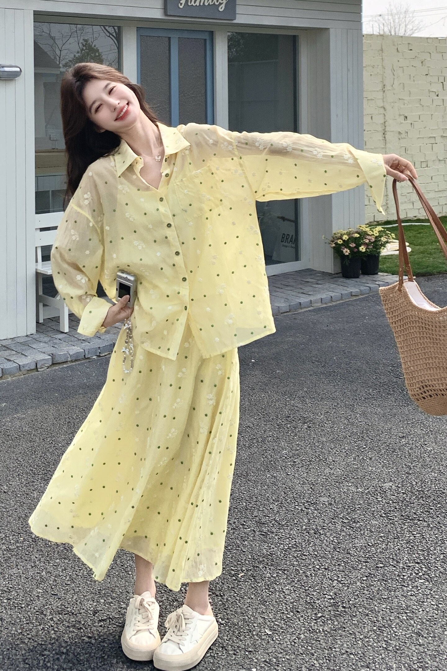 新款7天出花朵刺绣波点套装防晒衬衫半裙两件套1535220P150K248,女装套装/套裙,艾青服饰