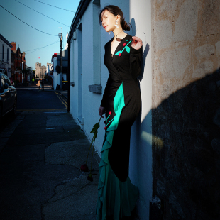 此岸歌声*原创设计店-黑拼青绿清丽手打花枝裙 薄暮之花